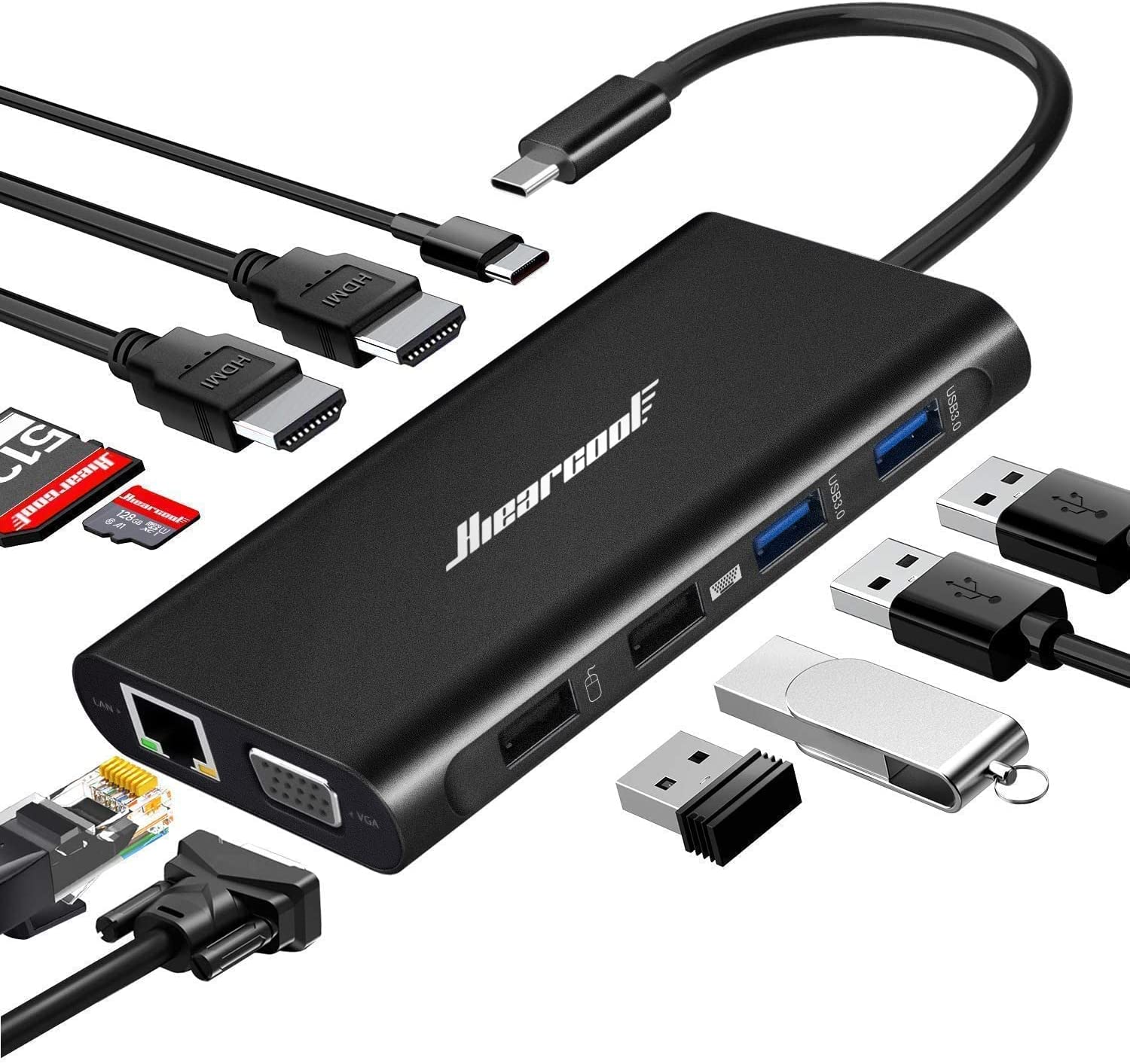 Hiearcool USB C Hub,USB-C Laptop Docking Station,11 in 1 Triple Display  Type C Adapter Compatiable for MacBook and Windows(2HDMI VGA PD3.0 SD TF  Card Reader Gigabit Ethernet 4USB Ports)