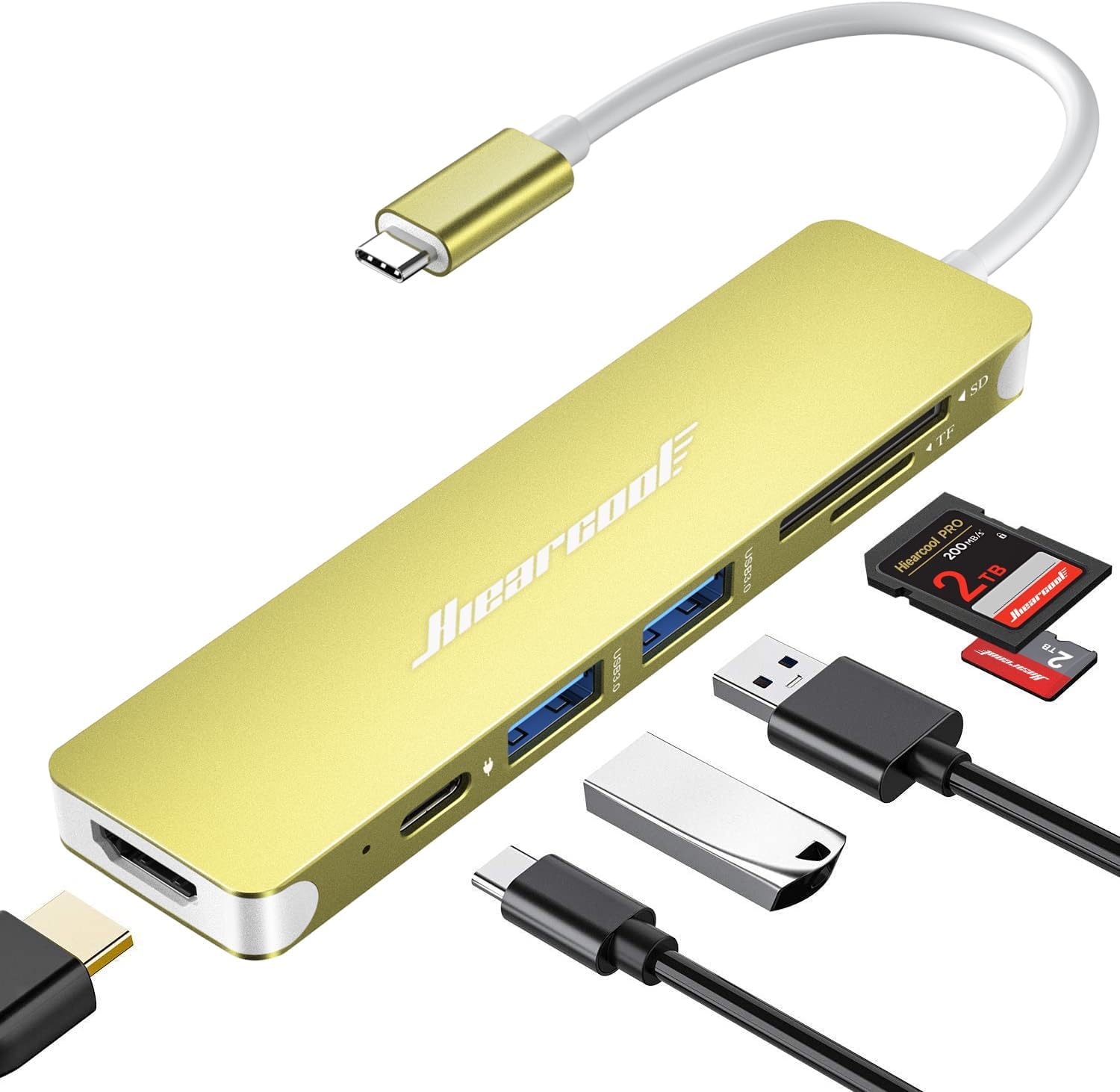 Hiearcool USB C to USB Hub, USB C Splitter, USB C Dock for MacBook Pro Air iPad Pro Steam Deck and More Type C Devices-Gold